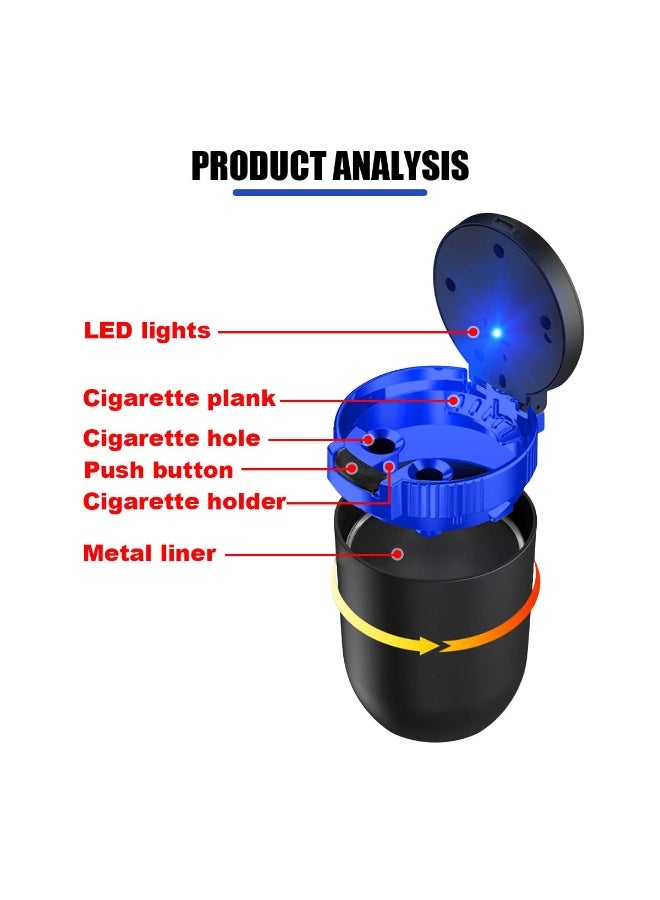 شابية منفضة سجائر سيارة مع غطاء مقاوم للرائحة، منفضة سجائر قابلة للفصل من الفولاذ المقاوم للصدأ بدون دخان مع ضوء أزرق LED، سلة مهملات صغيرة محمولة للسيارة، حامل أكواب منفضة سجائر للسيارة والمنزل والسفر في الهواء الطلق (أزرق) - Image 4